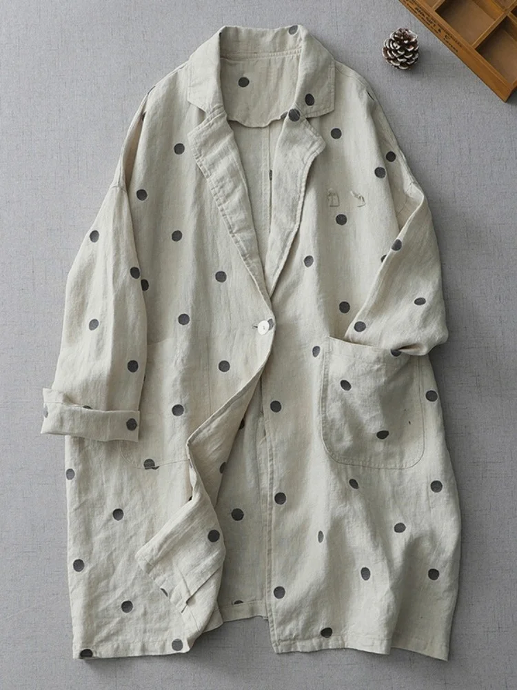 

Женский удлиненный пиджак из хлопка и льна больших размеров, весенний, для офиса, с принтом в горошек, повседневный, деловой, с эффектом омоложения