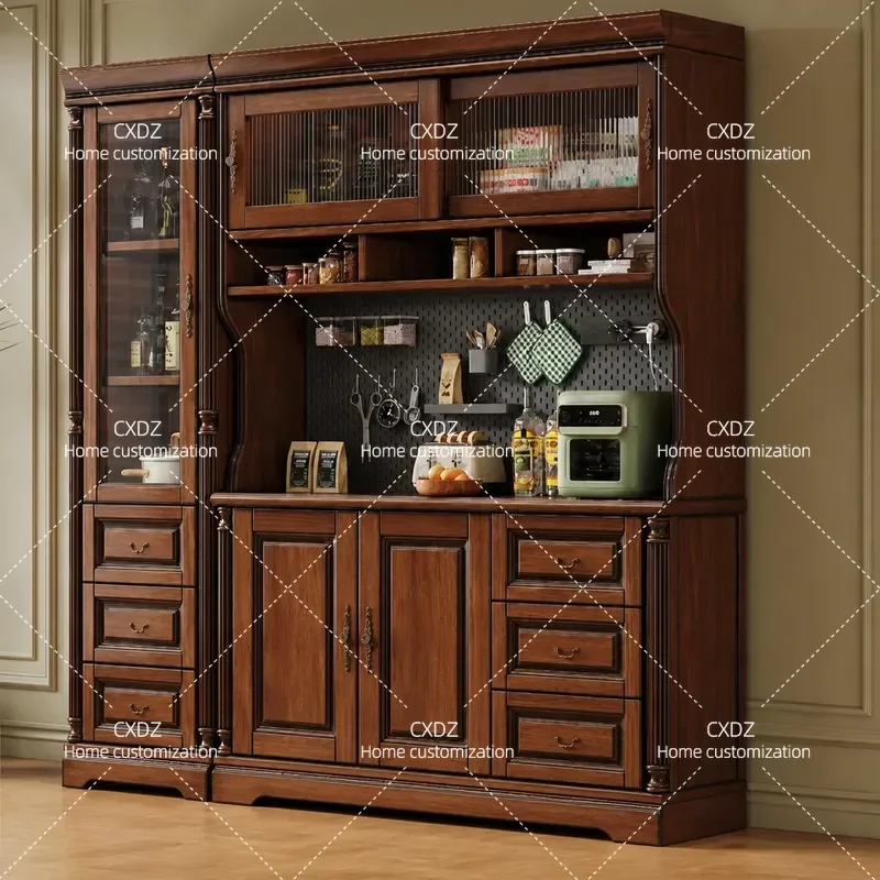 American Retro Solid Wood Dining Side Cabinet with Pegboard and Rails Wall Mounted Storage Locker Living Room Wine Cabinet