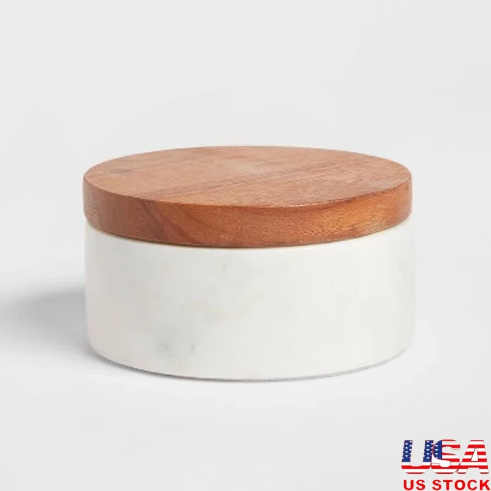 

Marble Wood Salt Cellar with Wooden Lid Divided Compartments Kitchen Mortar Pestle Accessory Elegant Design Easy Clean