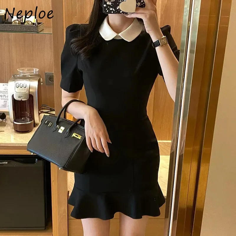 

Neploe 2025 Spring Elegant Vestidos Lapel Contrast Color Stitching Puff Sleeves Robes Slim Waist Package Hip Mermaid Dress Women