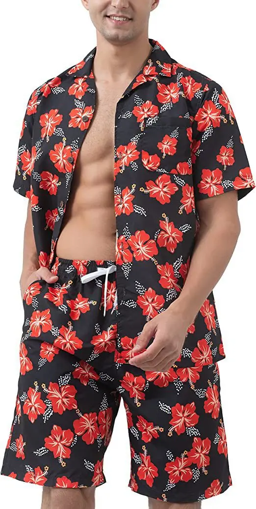 Hawaii print 2-piece men\'s shirt+shorts 3D printed short sleeved beach shirt casual fashion 2-piece men\'s trendy set