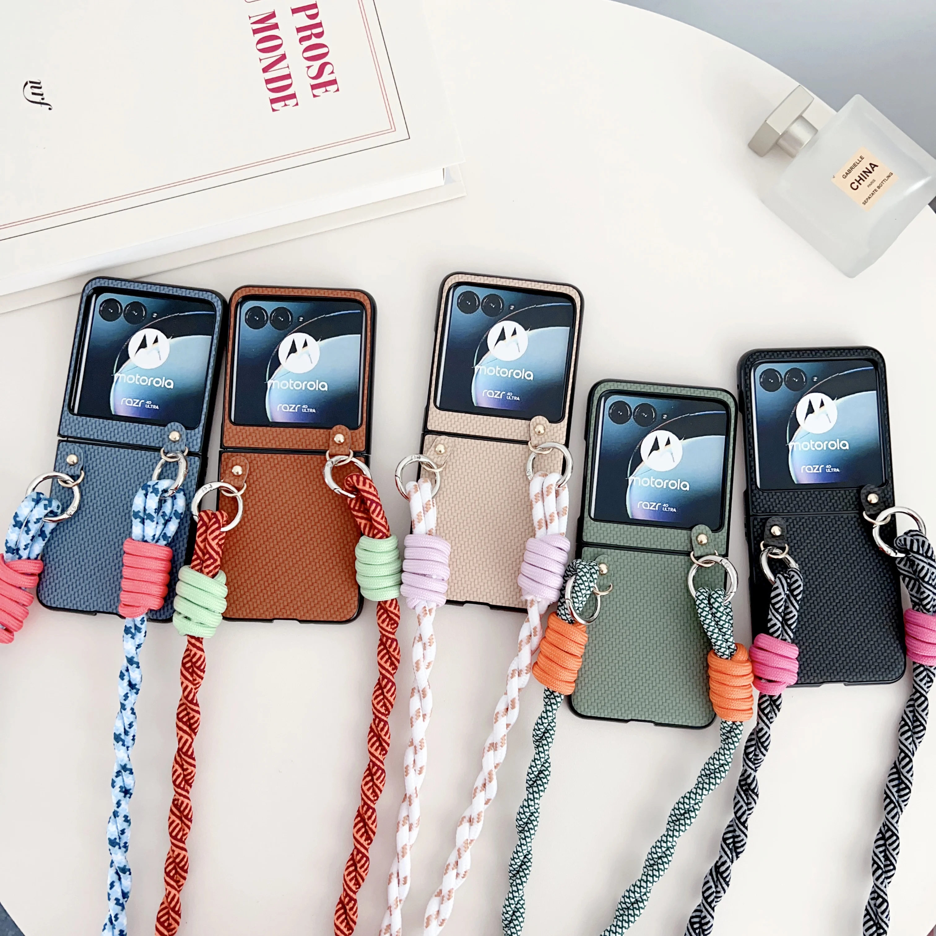 

Crossbody Lanyard Straps Rope Woven Pu Leather + Hard PC Shockproof Phone Case For Motorola Moto Razr 40Ultra Back Cover