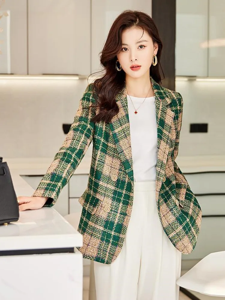 Women Double-breasted Plaid Casual Blazers Elegant Basic Simple All-matchChic Design Daily Classic Office Outerwear NEW