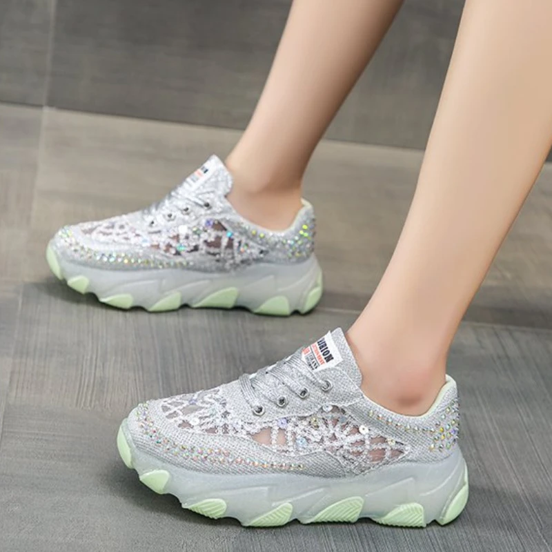 Women Sports Shoes Breathable Rhinestone Sparkling 2024 Autumn New Korean Version Jelly High Elasticity Thick Sole Casual Shoes