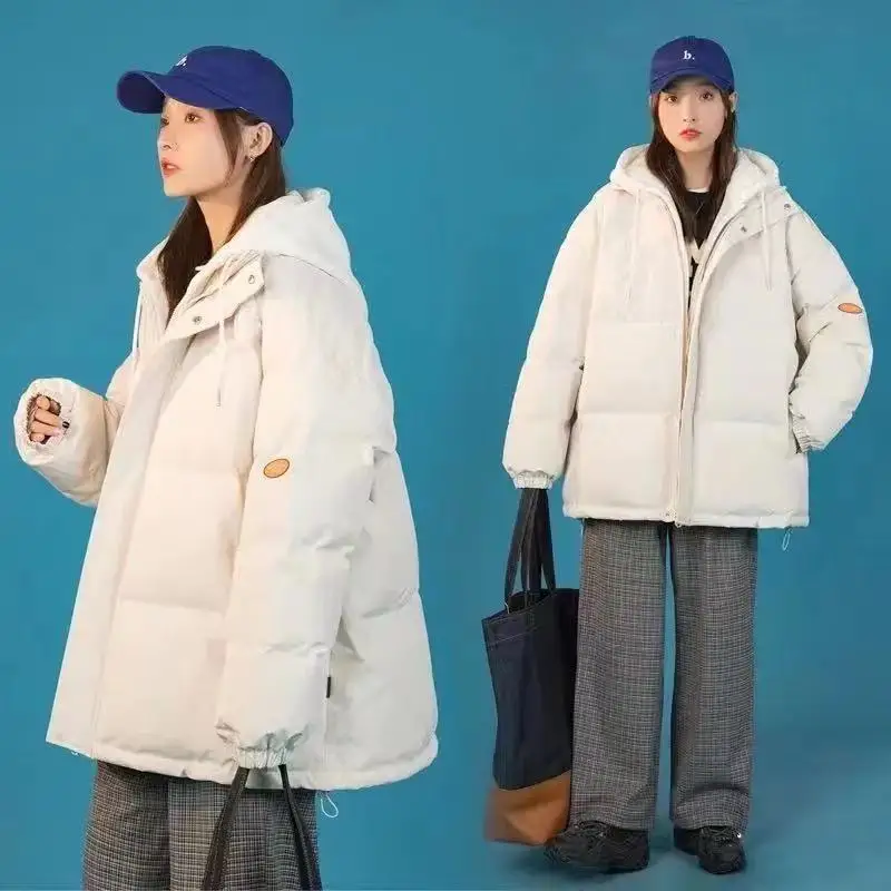 2023 New Women Down Cotton Coat Winter Jacket Female Short Versatile Parkas Loose Thick Outwear Solid Color Hooded Overcoat