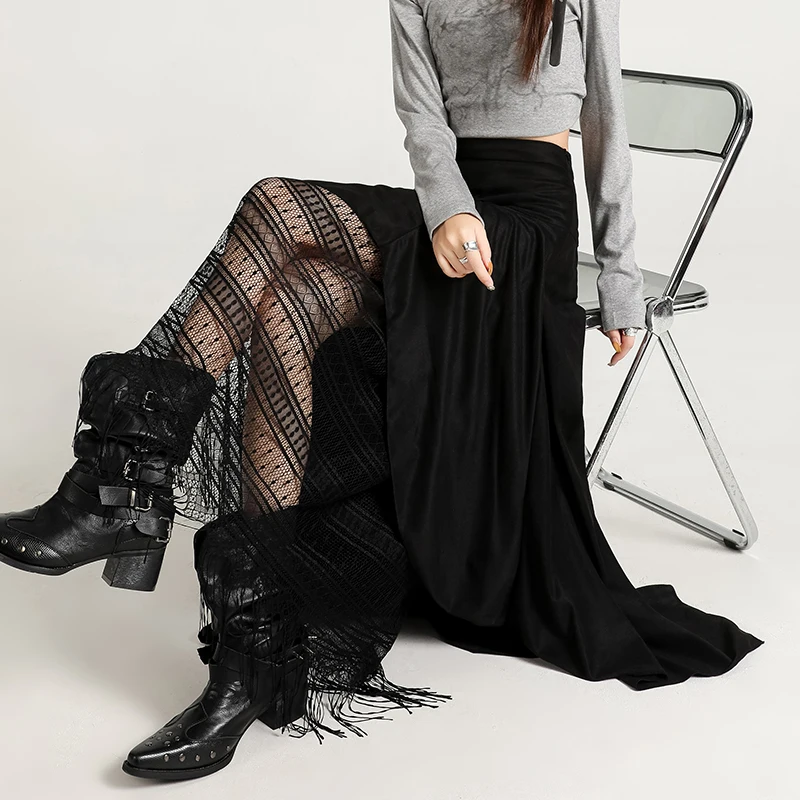 

Винтажные стильные кружевные лоскутные замшевые юбки с высокой талией, нерегулярная осенне-зимняя юбка с кисточками, коричневая сексуальная ажурная черная юбка