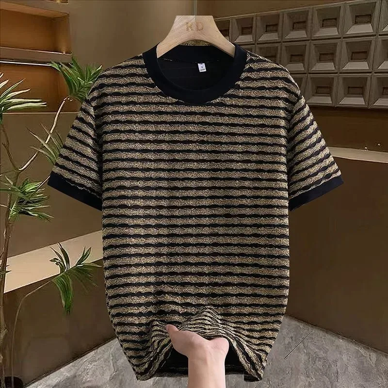 

Men's Luxury Striped Knit T-shirt Breathable Ice Silk Crew Neck Short Sleeve Casual Top