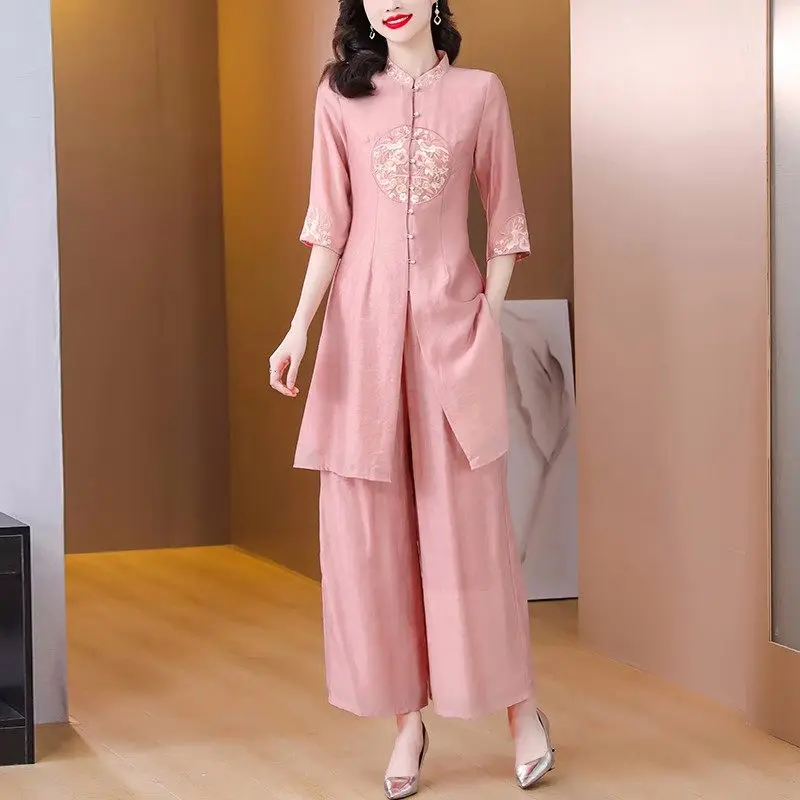 

Elegant Chinese Pant Suits For Woman 2023 Summer High End Improved Cheongsam Top Embroidery Hanfu Two Piece Set Outfits Z878