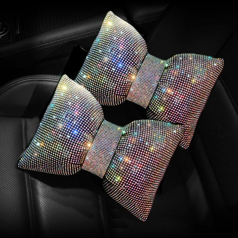 2pcs Red Diamond Crystal Bowknot Car Neck Pillow Rhinestone Auto Headrest Seat Support Pillows Bling Car Accessories for Women