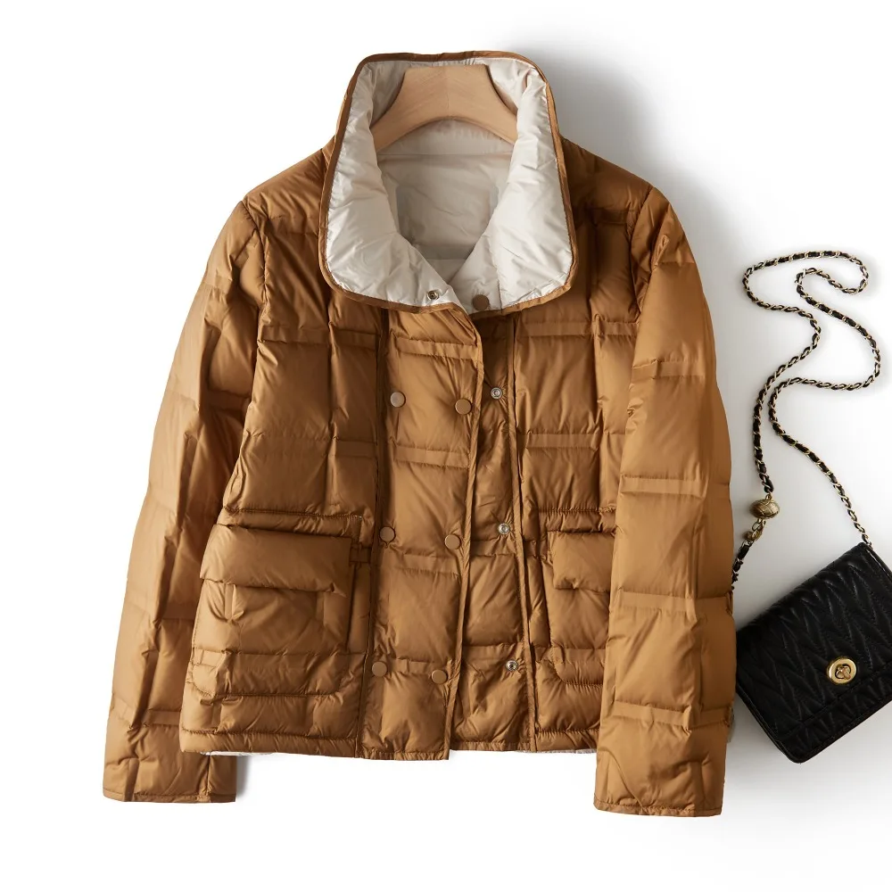 Damska dwustronna kurtka puchowa z białego kaczy puchu, nowość na jesień i zimę 2025, modna, lekka kurtka puchowa damska.