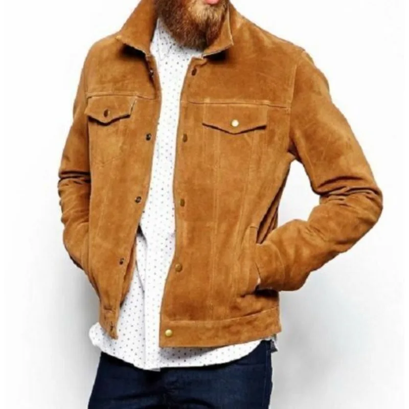 

Men's Sheepskin Suede Leather Jacket Biker Button TAN Premium Modern Outwear