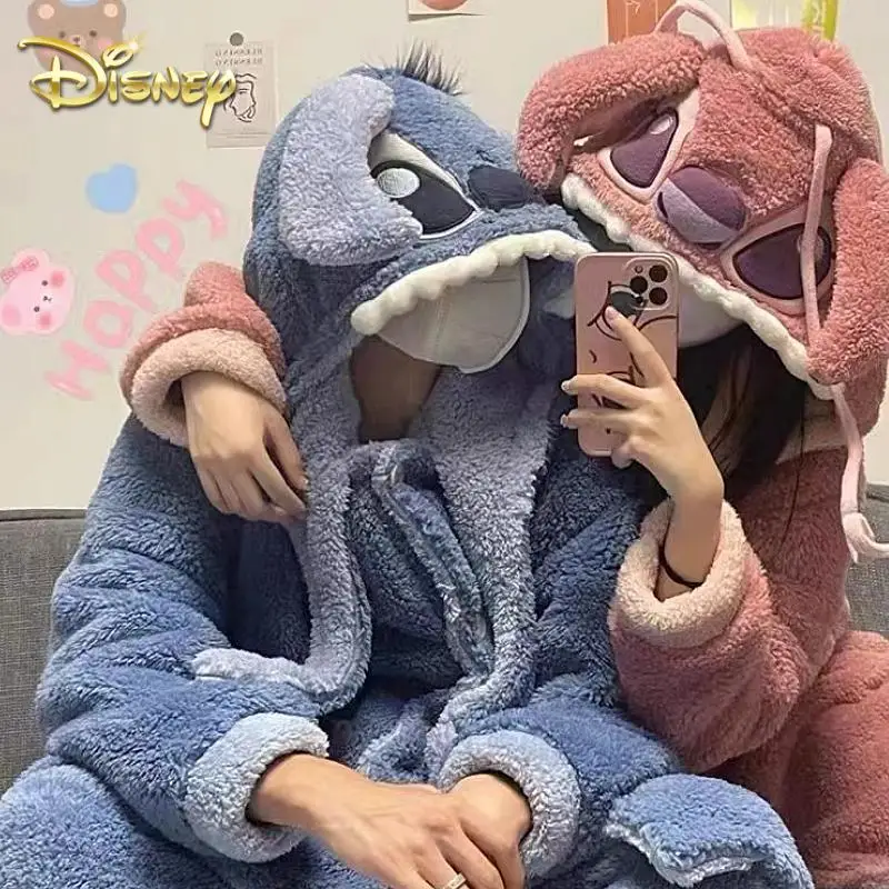 Stitch Disney Robe Kawaii Stitch Hooded Dressing Gowns Lady Thickened Warm Loungewear Cute Woman Autumn Winter Christmas Gift