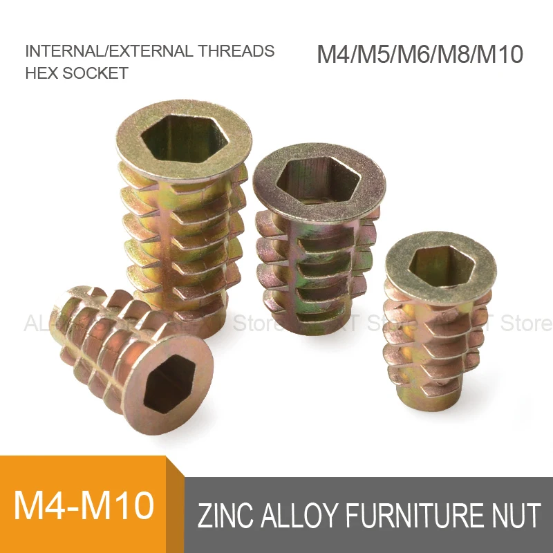 10-100Pcs Hex Socket Nut M4 M5 M6 M8 M10 Internal and External Nut British Zinc Alloy Embedded Screws Furniture Accessories