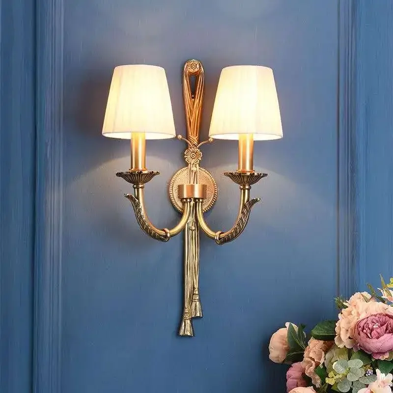 New French Full Copper Wall Lamp 2 Arm Lampara De Pared Dormitorio Indoor Wall Lights Loft Corridor Living Room Lighting Fixture