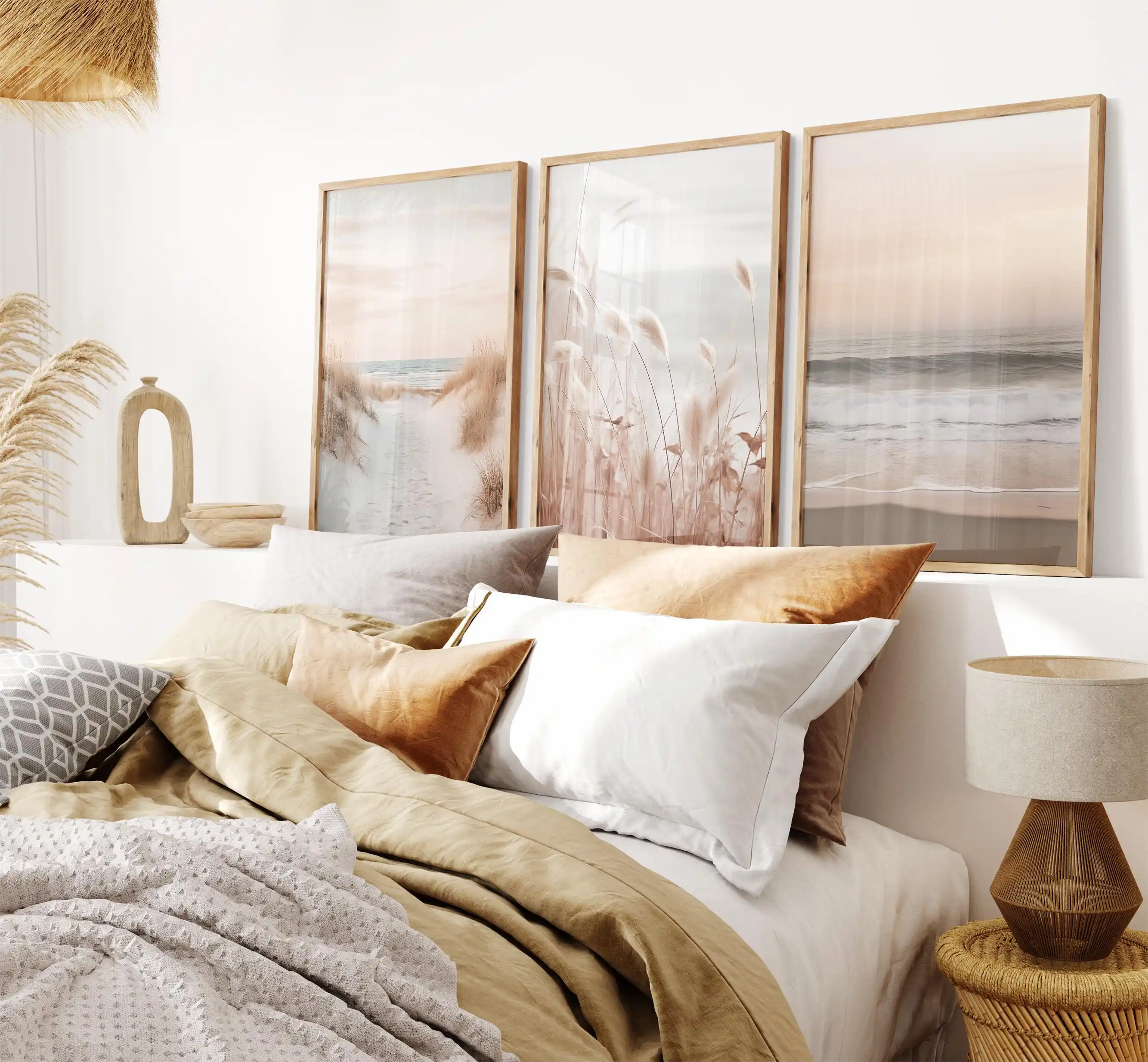 frameless Canvas Painting Coastal Wall Art, Boho Beach Set of 3 Prints, Ocean Waves Wall Art, Muted Calm Beach Photography, Pas