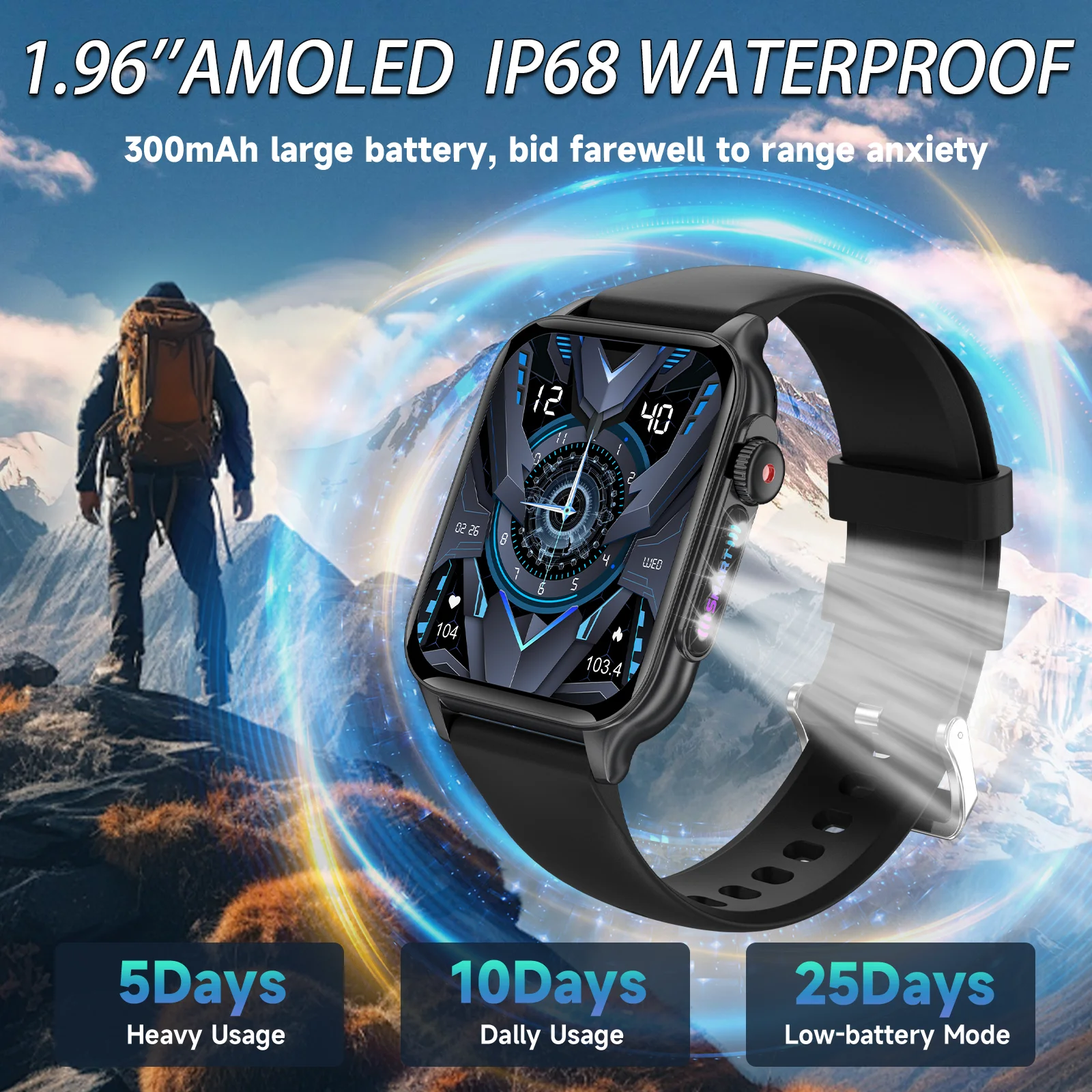 

P6 1,96 дюйма Amoled Смарт-часы для мужчин Мониторинг здоровья IP68 Водонепроницаемые BT5.4 Смарт-часы для голосовых звонков Женские умные уведомления