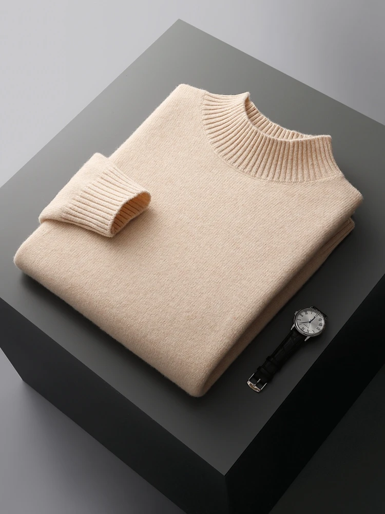 Autumn Winter Men Cashmere Sweater Mock Neck Pullover Thick Basic Soft Warm Clothing 100% Merino Wool Knitwear Long Sleeve Tops