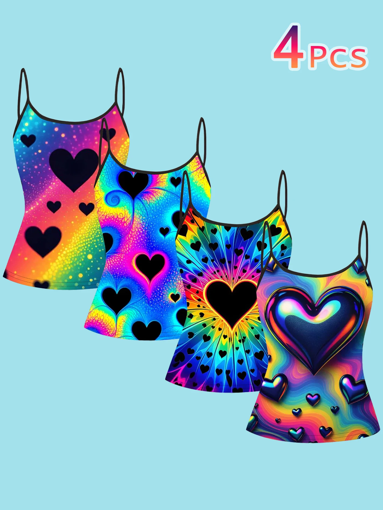 4-Piece Set of Colorful Heart-Shaped Camisoles, European and American Y2K Style Rainbow Gradient Print Spaghetti Strap Sleeveless Tops