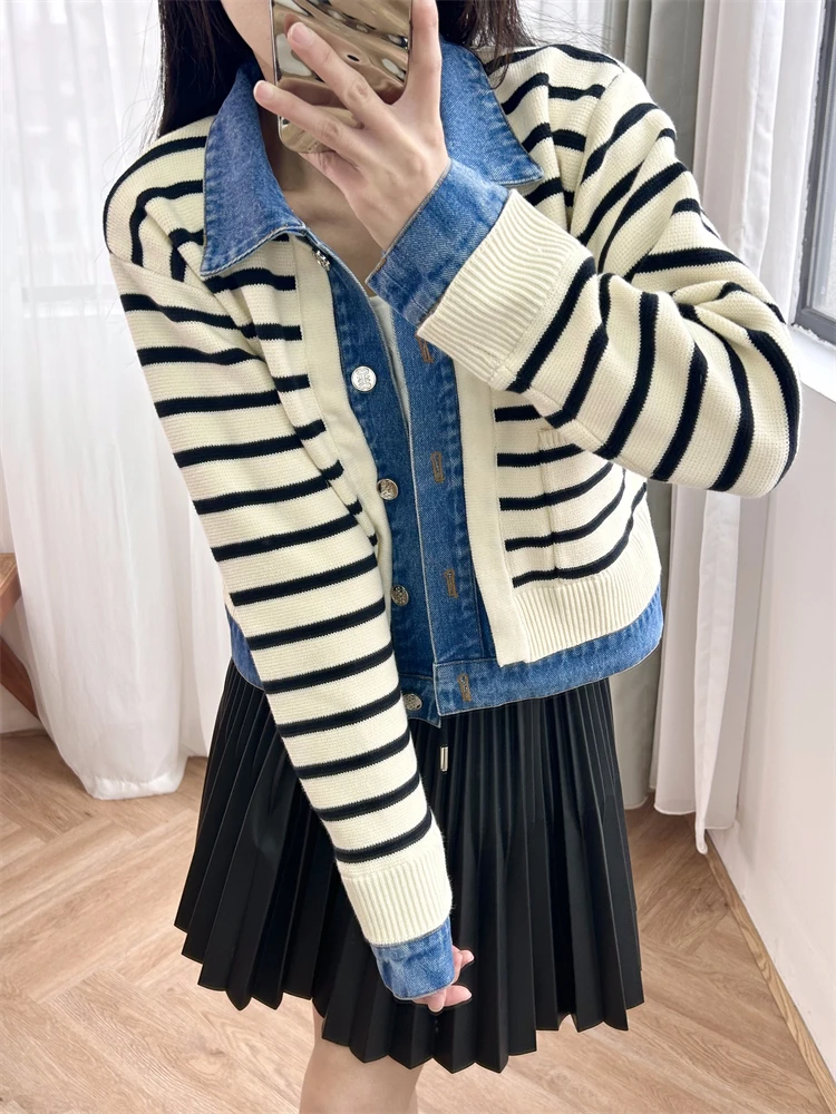 Classic Button Top Patchwork Denim Shirt Collar Striped Knit Short Jacket Solid Wear Type S Home 25 Early Spring Sweater Women