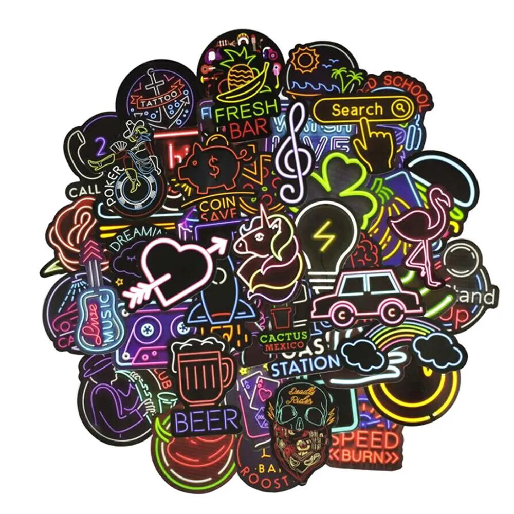 50pcs Waterproof Graffiti Bicycle Stickers Cartoon Laptops Cars Motorcycles Luggage Compartments Neon Light Sticker