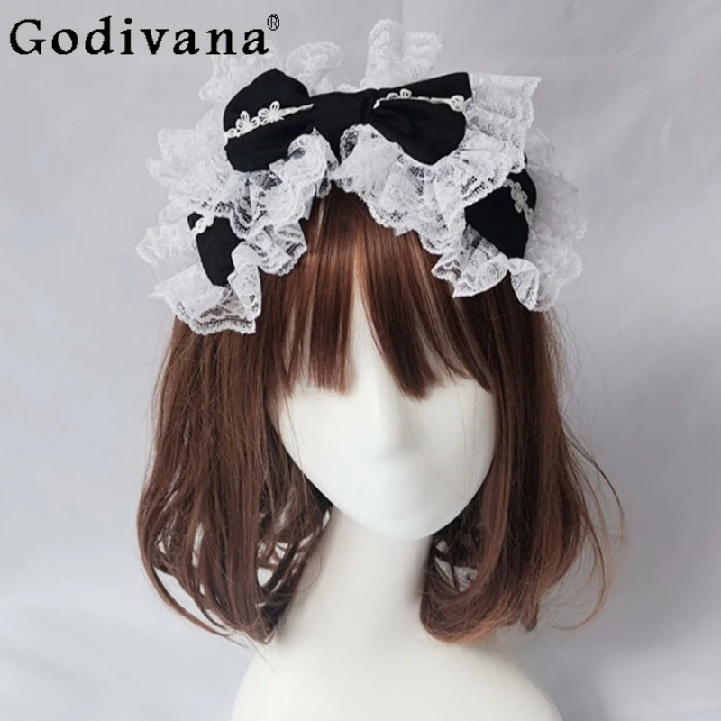 

Gothic Lolita Headband Black White Lace Bow Headwear Maid Cosplay Hair Accessory for Women Girls Party Halloween Headdress