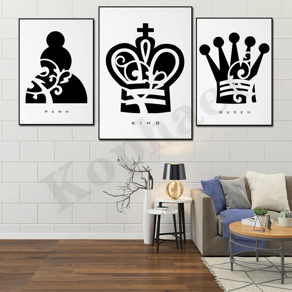 

King. Queen. Bishop. Rook. Knight. Pawn. Minimalist art. Chess game. Wall decoration. Abstract poster