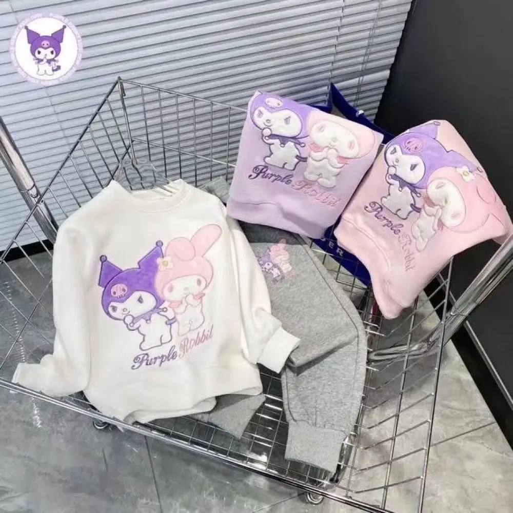 Sanrios My Melody Kuromi Girls Sweatshirt Anime Thermal Long Sleeve Top Casual Loose Thicken Autumn Winter Children's Clothing