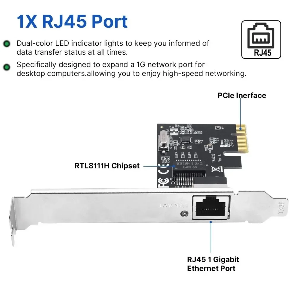 KEBIDUMEI 1000Mbps Gigabit PCIe X1 Network Card RTL8111H RJ45 LAN Ethernet Adapter 10/100/1000Mbps For Desktop PC Gaming