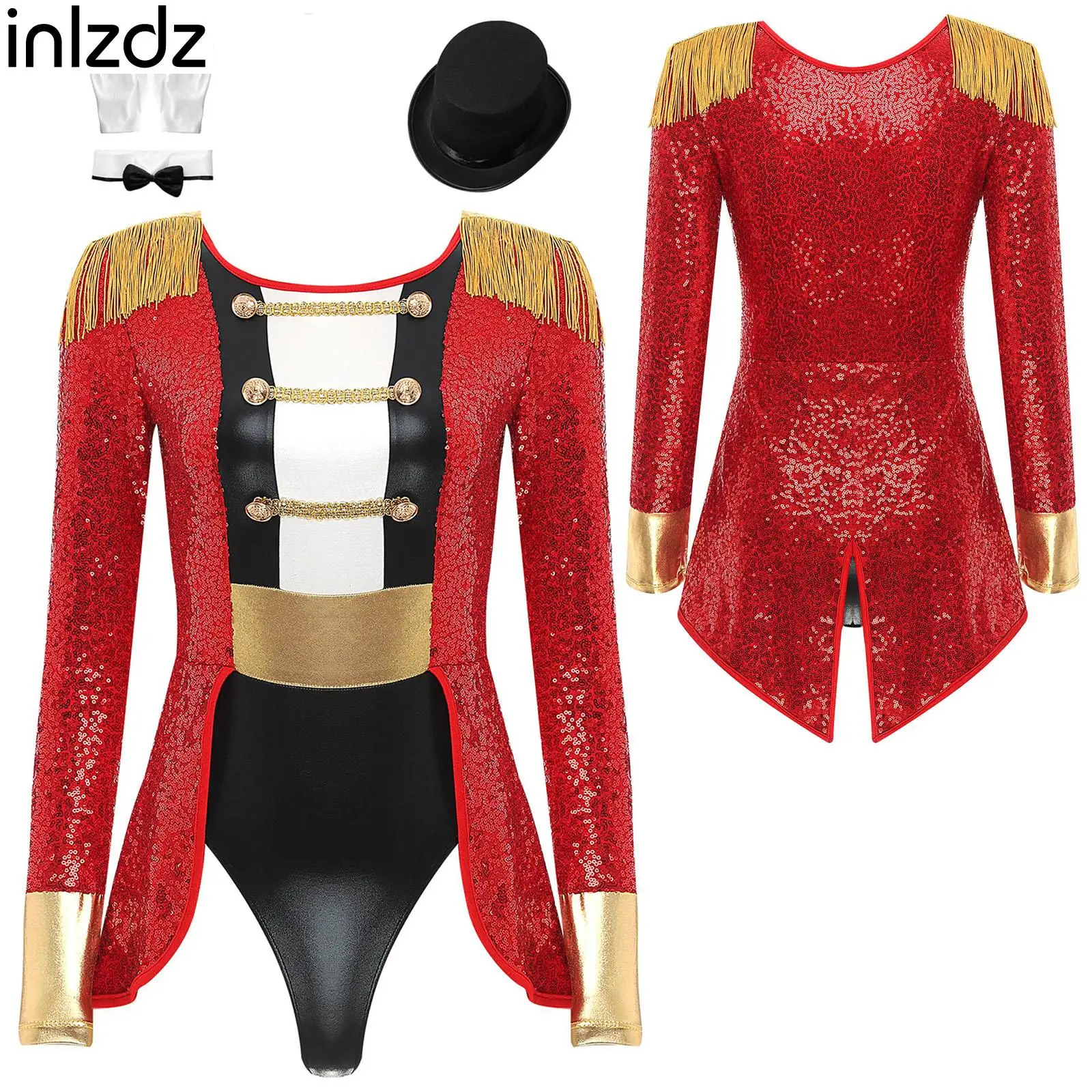 

Women Circus Ringmaster Costume Set Long Sleeve Sequin Bodysuit Accessories Set for Halloween Cosplay Dress Up Party Performance