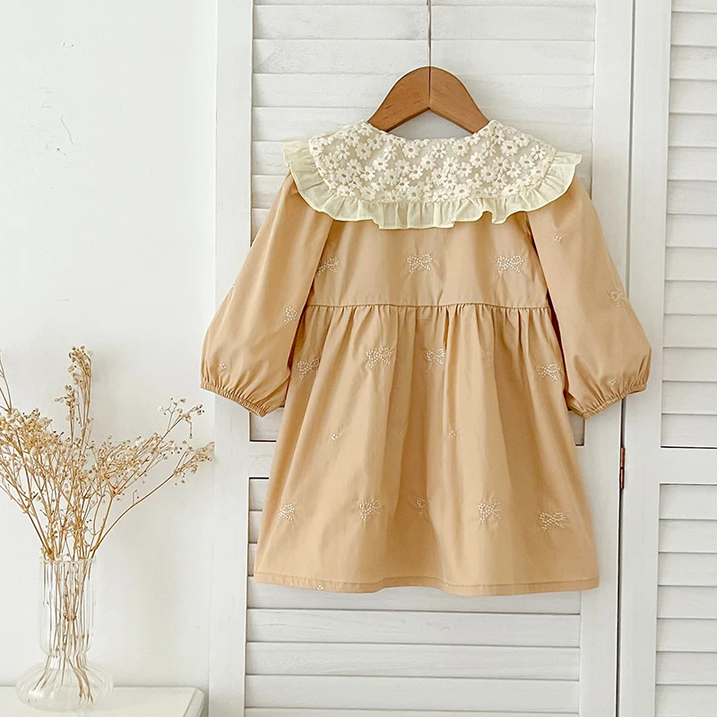 Sweet Kids Baby Girls Long Sleeve Embroidered Bow Princess Dress Autumn Baby Girls Lace Doll Collar Dress Children Clothes Dress