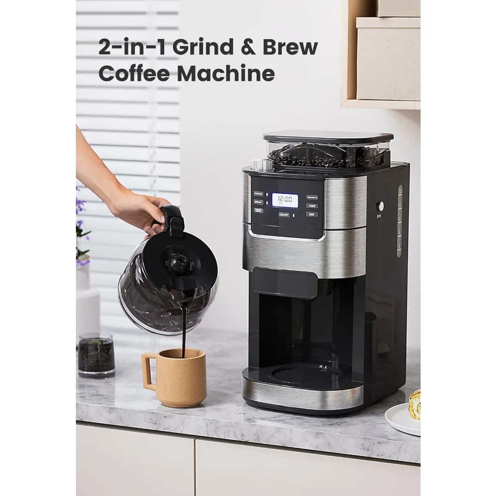 Kaffeemaschine für 10-Tassen-Karaffe, programmierbares Mahlen und Aufbrühen, 1,5-Liter-Wasserbehälter, Kaffeemaschinen