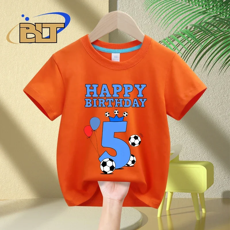 T-shirt de manga curta para crianças, top de algodão, para o futebol aniversário número 5 ° aniversário, casual, verão