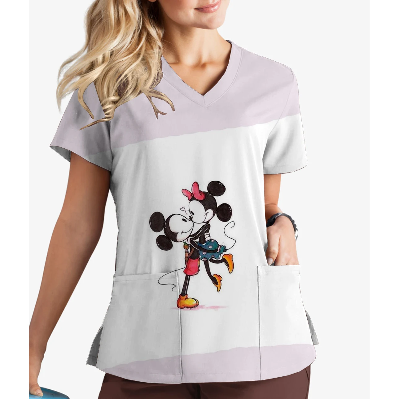 الأكثر مبيعاً الصيف المرأة الحيوانات الأليفة طبيب الطبية الخامس الرقبة زي العمل ديزني ميكي ميني طباعة متجمد قصيرة الأكمام ممرضة موحدة
