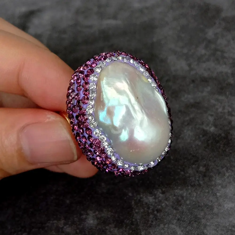 

Y·YING Cultured White Pearl Baroque Pearl Ring Purple Crystal Pave Handmade Unique Ring