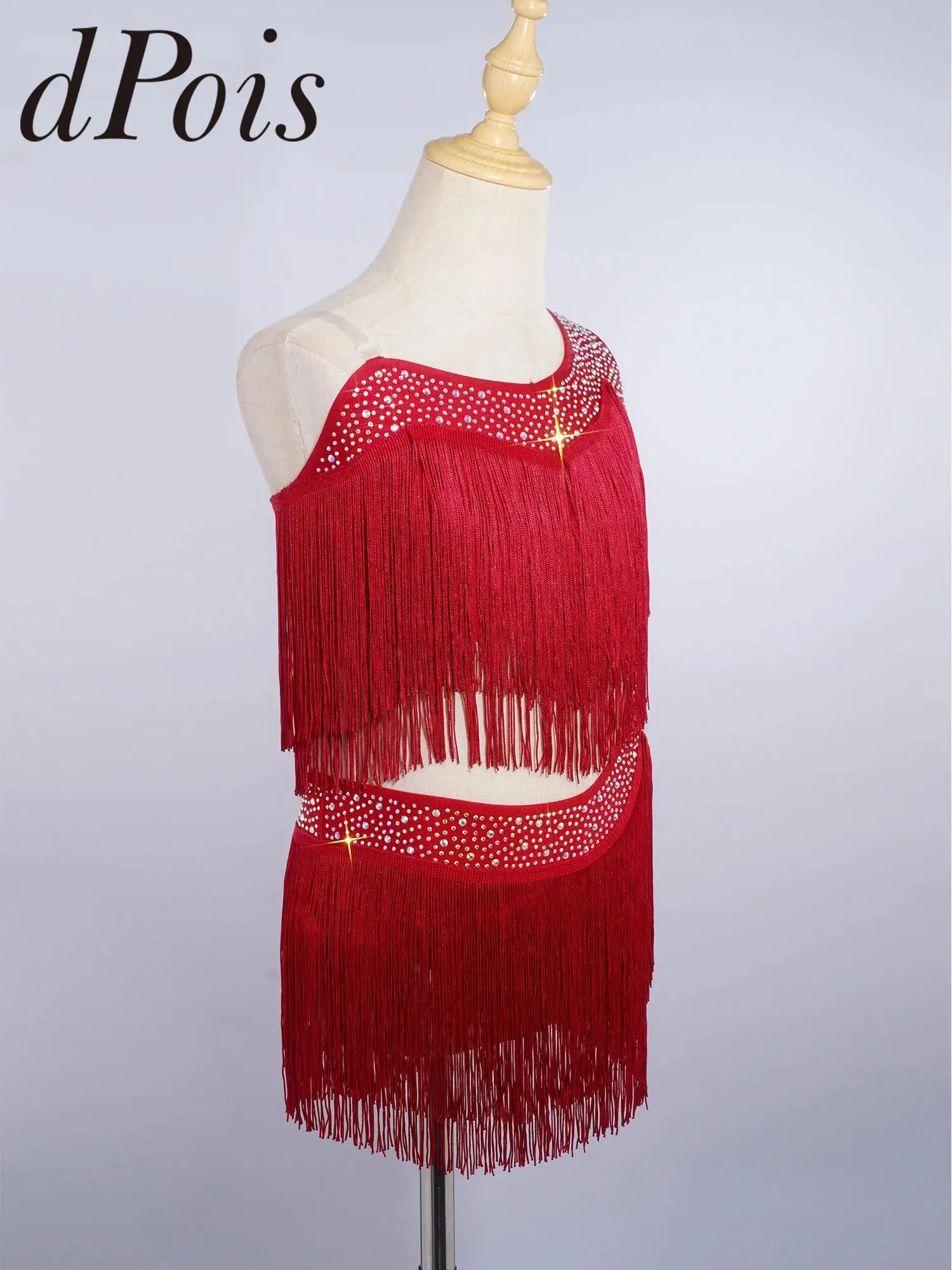 Children Tassel Halter Tango Rumba Latin Dance Outfits Kids Ballroom Fringe Latin Dance Costumes for Girls Cha Cha Dance Dress