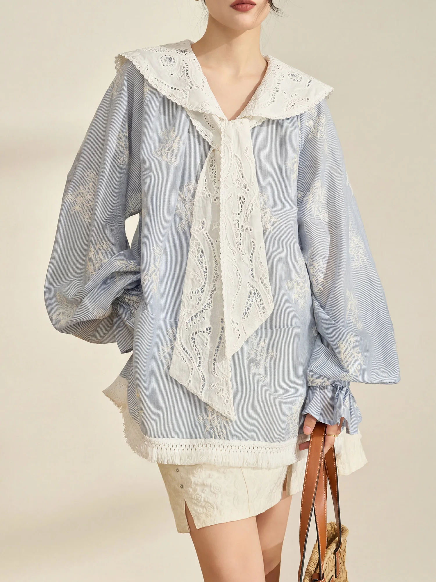 

Flowing Era Commute Style Long Sleeve Embroidered Shirt Women's Loose Fit Knot Lace Decorated Polyester Fiber Shirt