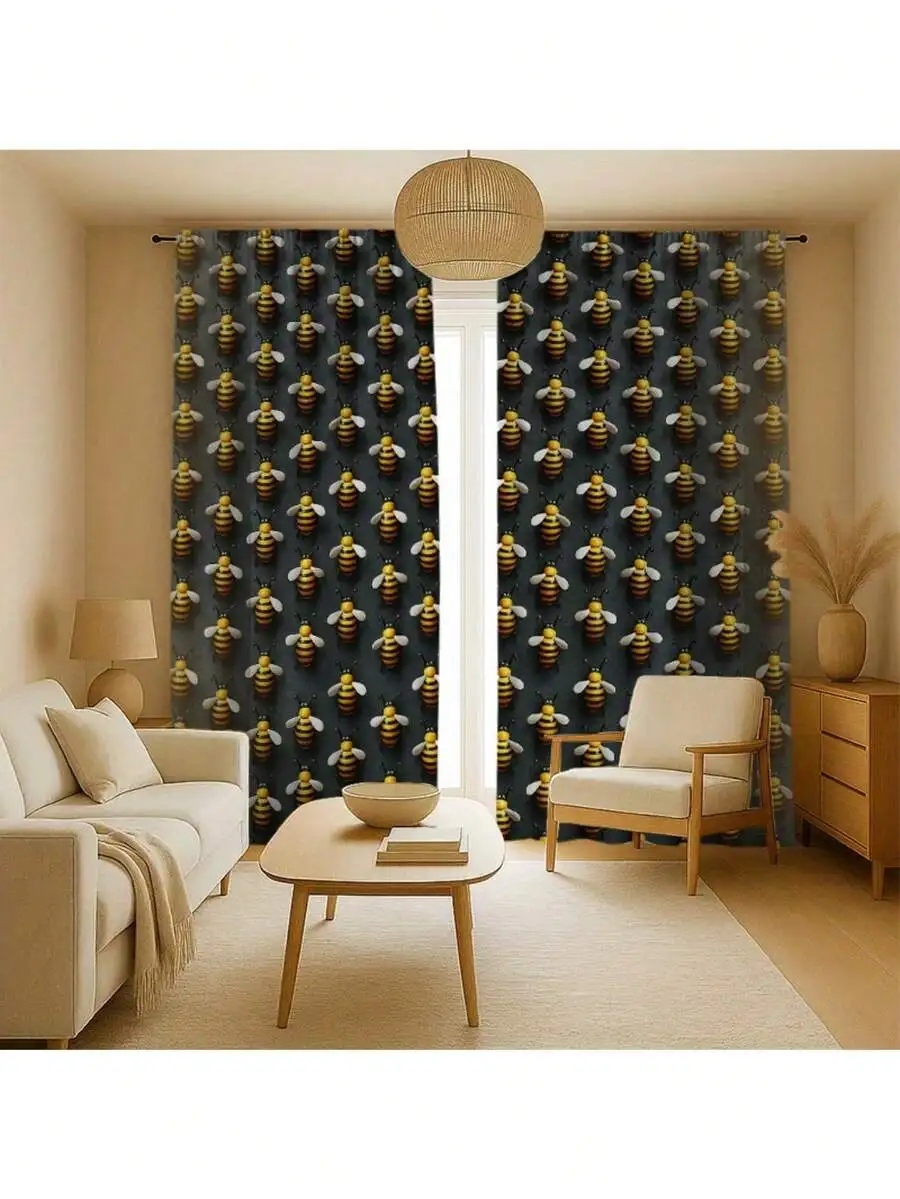 Bee Pattern Blackout Curtains 2 Panels Polyester Living Room Bedroom Window Decoration