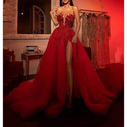 Custom Made Red Sleeveless Organza Evening Dress Special Event Elegant Women Split Vestidos Luxury A-Line Wedding Gowns