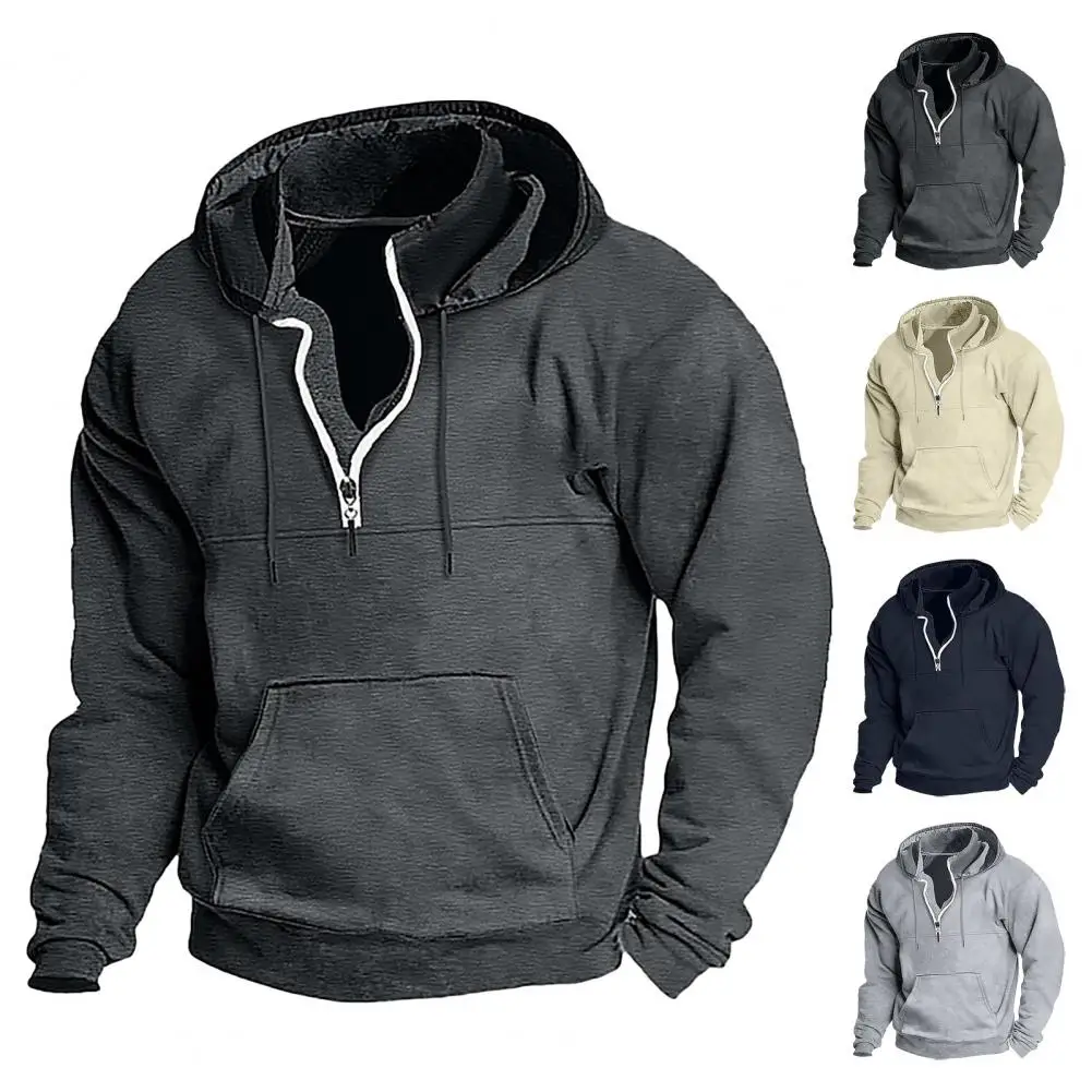 Men Loose Fit Hoodie Retro Solid Color Men's Hoodie with Zipper Decor Drawstring Soft Warm Long Sleeve Pullover with Big Patch