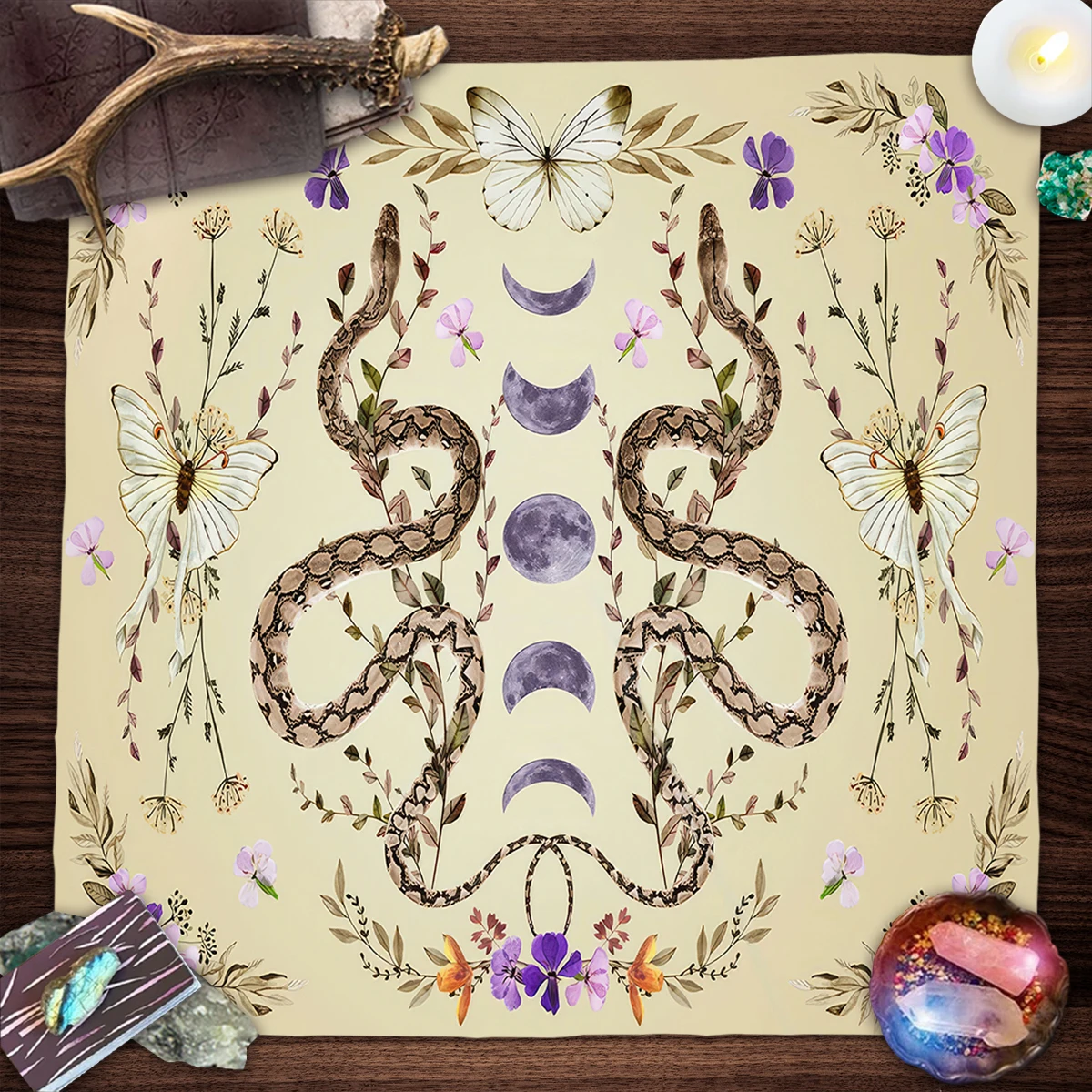 Divination Tarot Card Table Cloth Altar Cloth Moon Phase Flowers and Plants Snake Table Cloth For Tarot Witchy Home Decor Card P