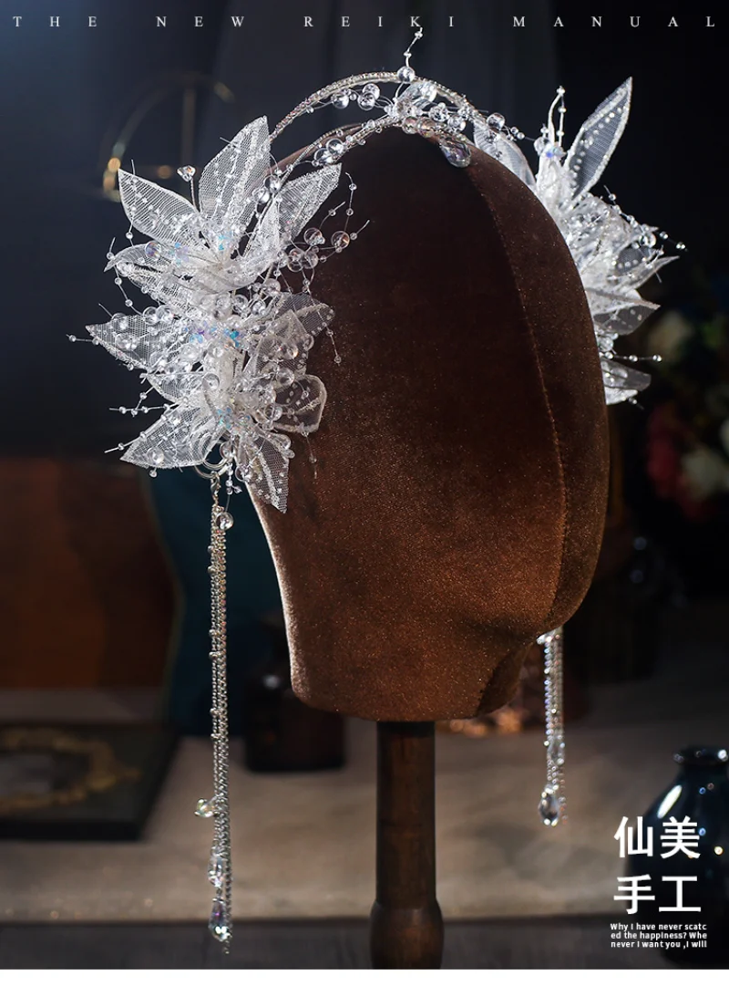 New Bride Headwear Saint Girl Crown Glass Tassel Hair Band Light Luxury Atmosphere Fairy Beauty Wedding Hair Accessories