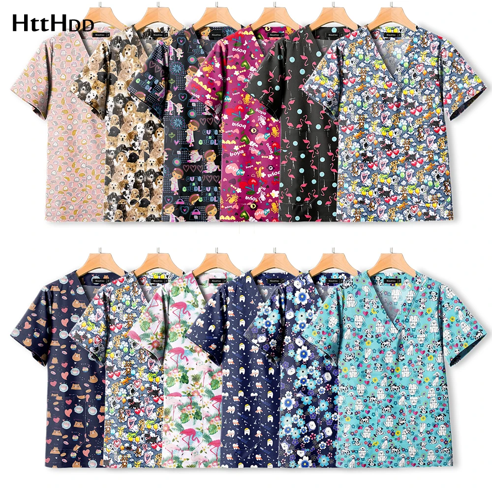 Women's Printed T-shirts V-Neck Working Uniform Unisex Mens Scrub Tops Nurse Uniform V-neck Short Sleeved Blouse Pocket Workwear