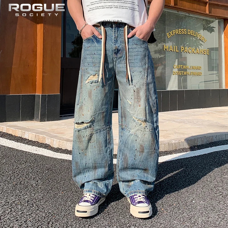 American Retro Distressed Baggy Jeans Men Y2K Unisex Paint Splatter Streetwear Washed Denim Pants Harajuku Skateboard Trousers
