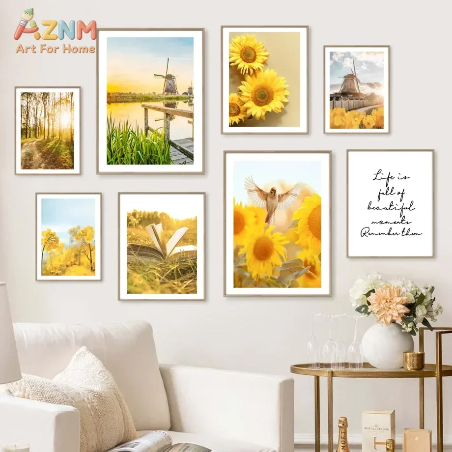 AZNM Warm Yellow Scenery Canvas Print Sunflower Windmill Forest Bird Inspirational Quote Unframed Canvas Wall Art Farmhouse Livi