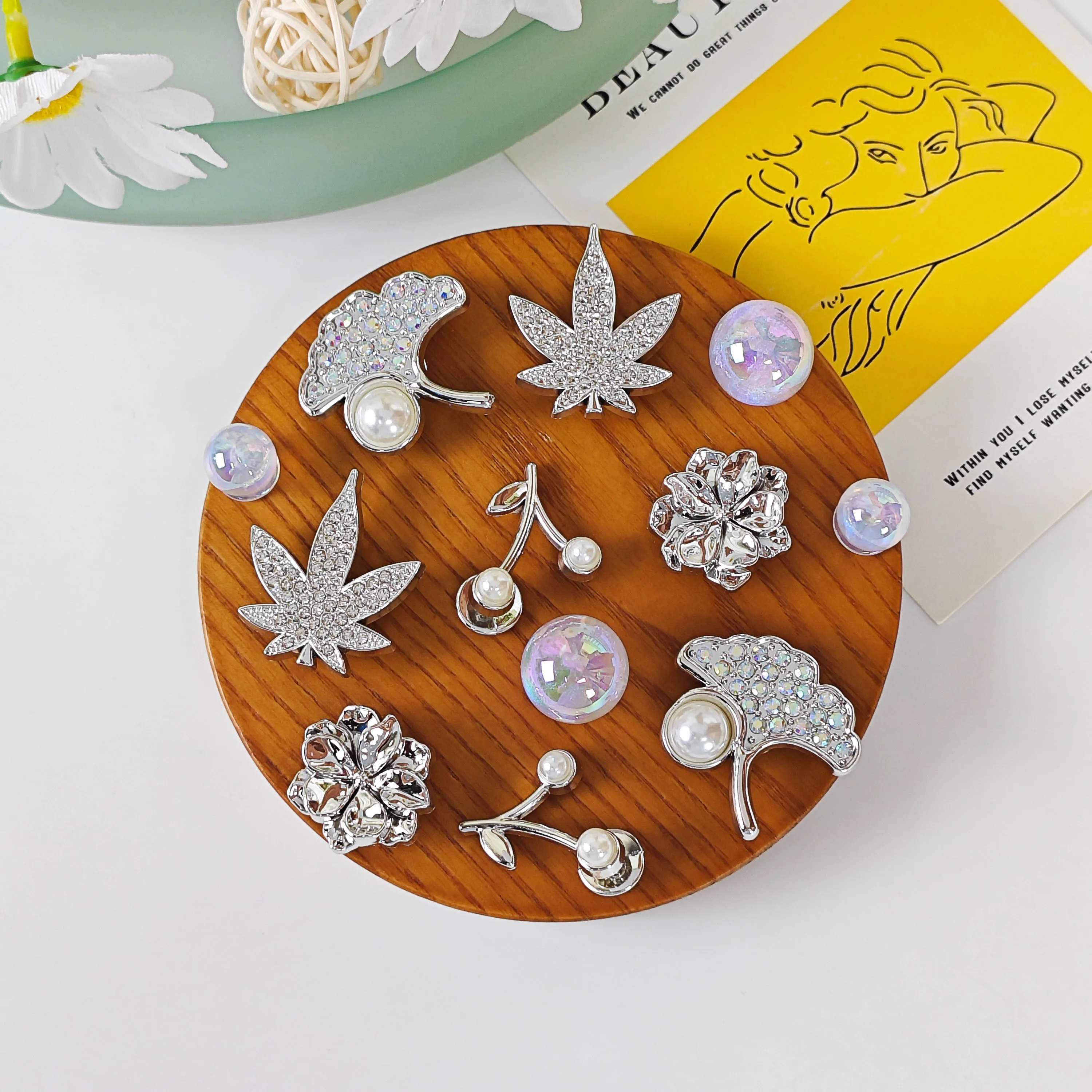 12Pcs DIY Shoe Decoration Charms: Shiny Ginkgo Leaves, Maple Leaves, Cherry Blossoms, Small Flowers, Colorful Round Bead Decorative Buckles, Non-Metal Lightweight Material, Y2K Fashion Versatile Cute Personality Accessories for Men and Women, Suitable for Eva Beach Shoes, Sandals, Removable Shoe Decorations, Holiday Gifts