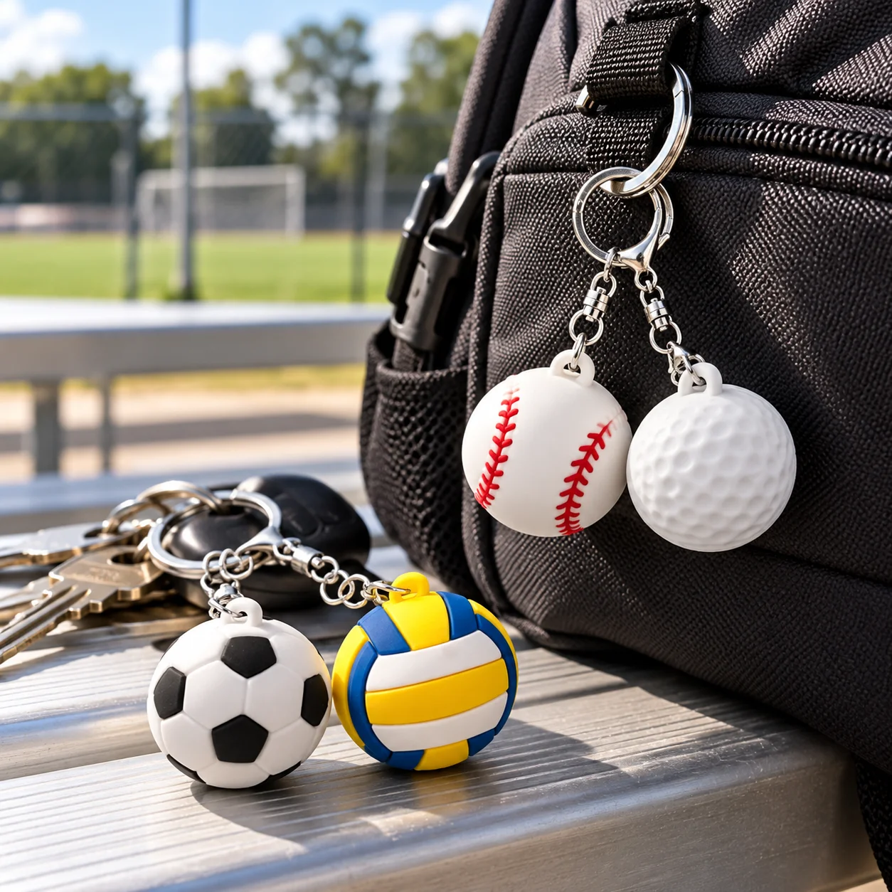 50pcs 3D Mini Sports Ball Keychain Set Soccer Basketball Tennis PVC Pendant Bag Charm Gift for Boys Men Kids Party Favors Bulk