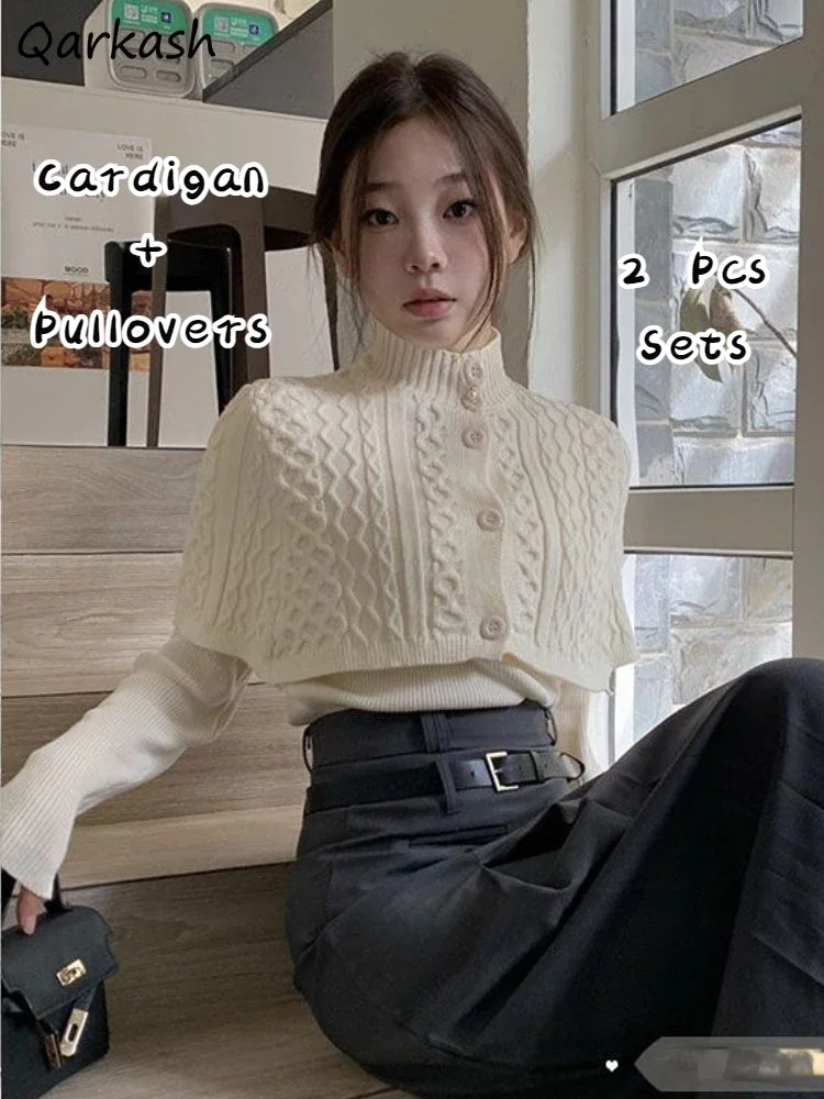 Set 2 Potong Kardigan Turtleneck Pulover Lengan Panjang Wanita Pakaian Musim Gugur Solid Elegan Pakaian Rajut Fashion Korea Wanita Minimalis