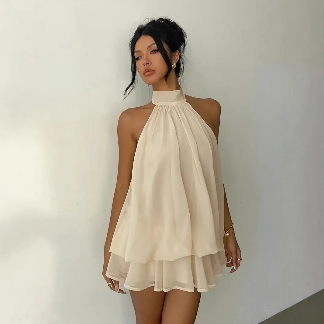 Damesjurk met halternek, chiffon mini-rok met strik aan de voorkant, modieuze sexy Y2K vintage schattige feestjurk voor verjaardagen