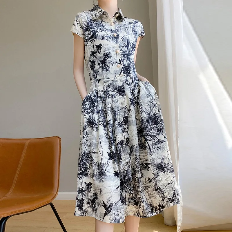 Ele Satijn Zijde irt Dr Losse aquarelprint ort Sve A-lijn Lange Dr Pendelen Sle ronde Ne Mid-taille rok