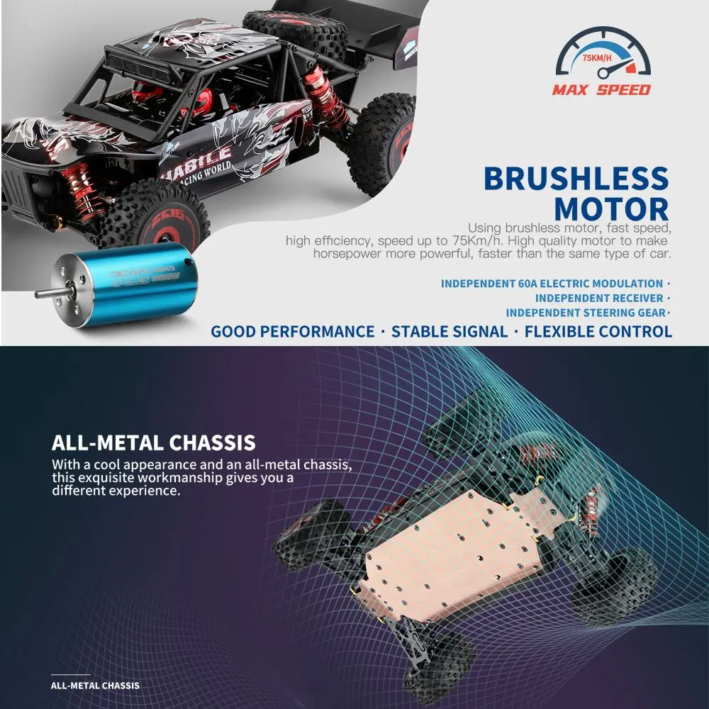 WLtoys 124007 RC-Auto, ferngesteuertes Auto im Maßstab 1:12, 4WD, 75 km/h, Hochgeschwindigkeits-Rennwagen, 2,4 GHz, All-Terrain-Offroad-RC-Truck